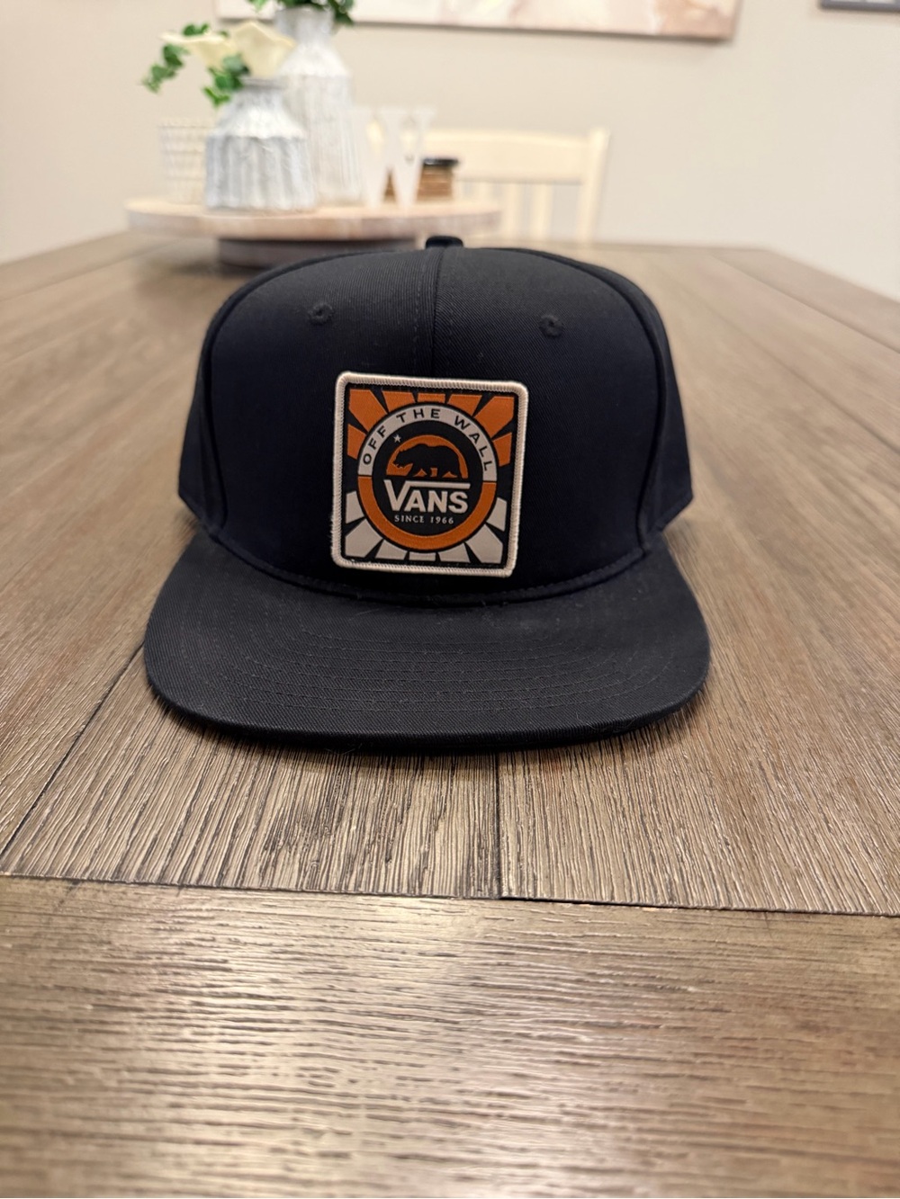 Vans Black Snapback Hat with Orange Patch Logo